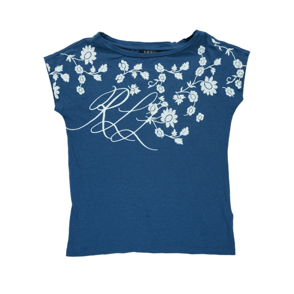 Lauren Ralph Lauren Floral Embroidered Blue Short‎ Sleeve Tee Size Small